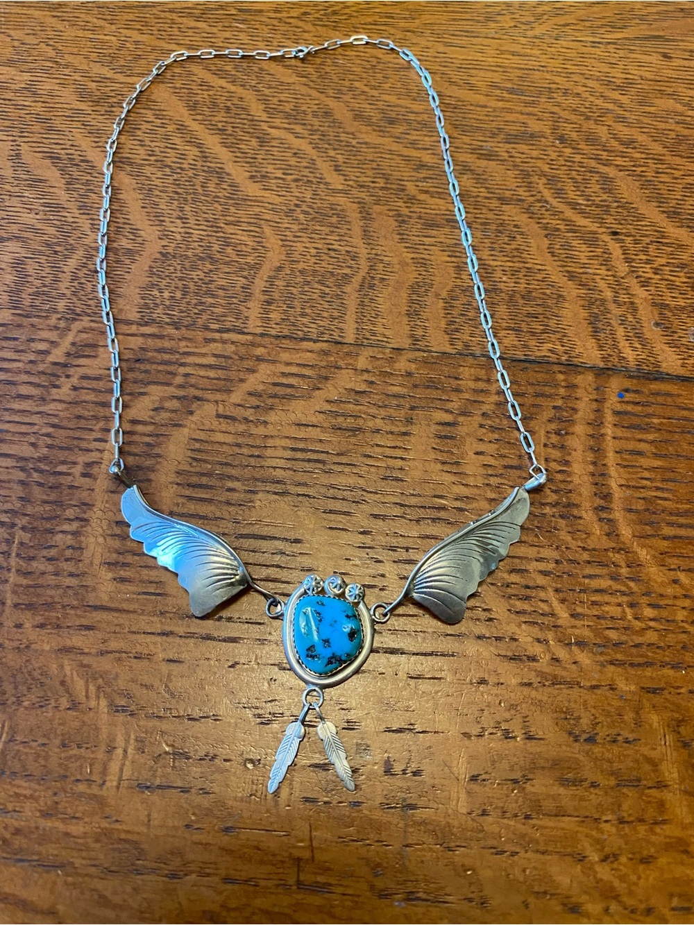 Vintage Silver Wing Necklace with Turquoise Stone - Women's Fashion Jewelry